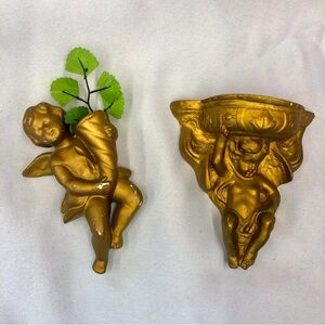 Vintage Angel Wall Pockets Gold Painted
